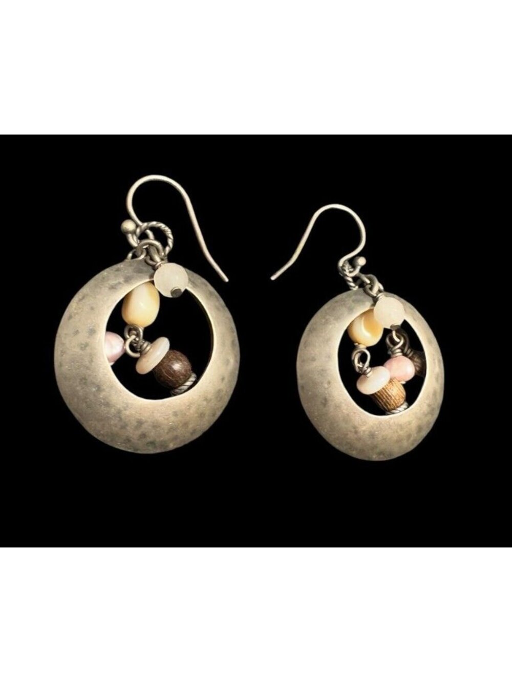Silpada Earrings Designer Hammered Sterling Silver Rose Quartz Wood Pearl Dangle